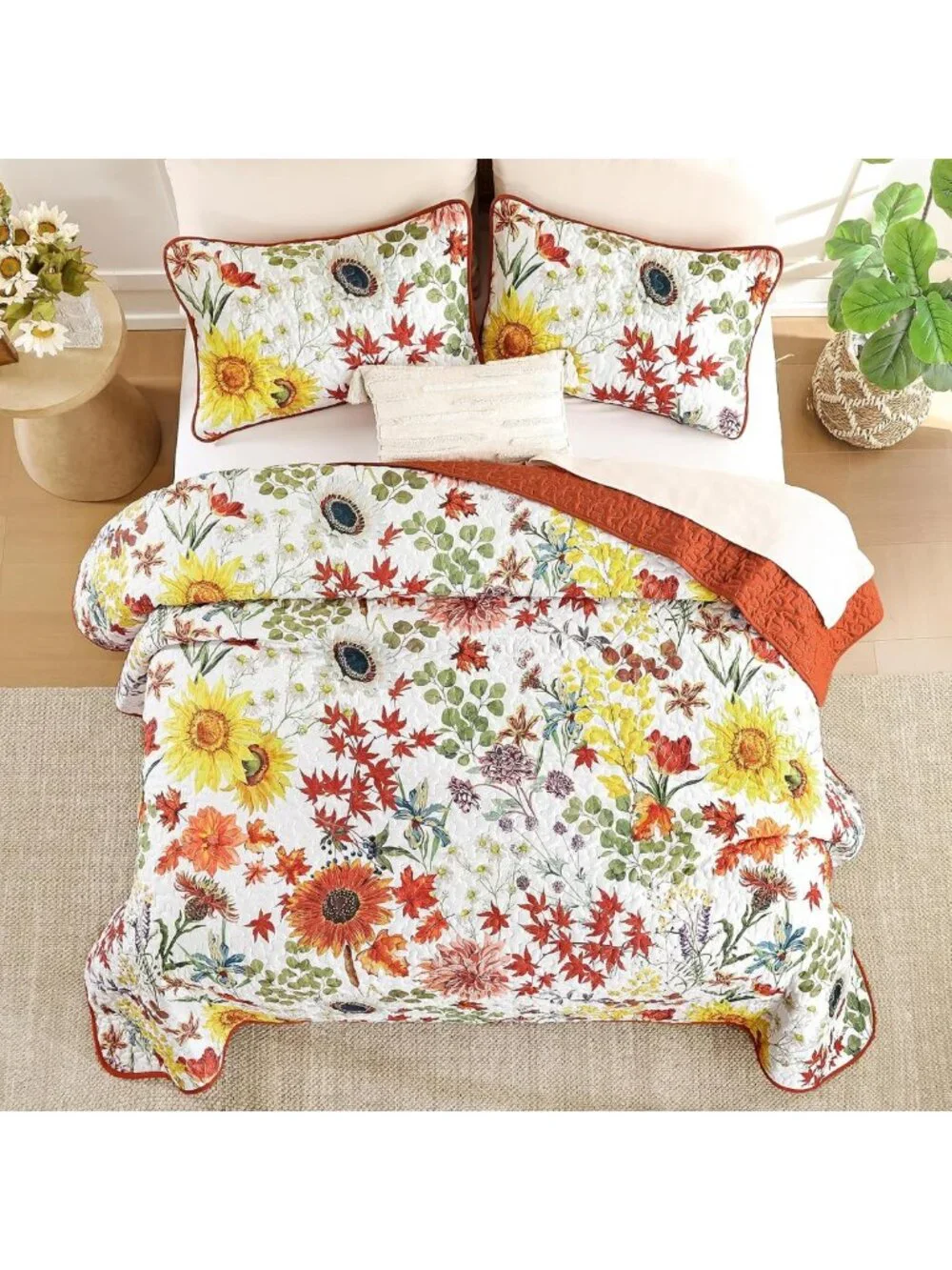 Queen Size Fall Floral Quilt Set - Orange Red Sunflower Bedding for Cozy Decor